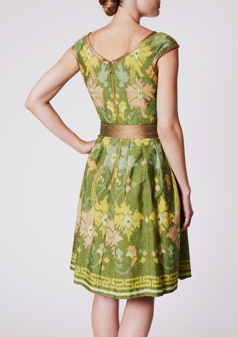 City dress with semi-circle skirt in Ikat-cotton, Bali green - Back view