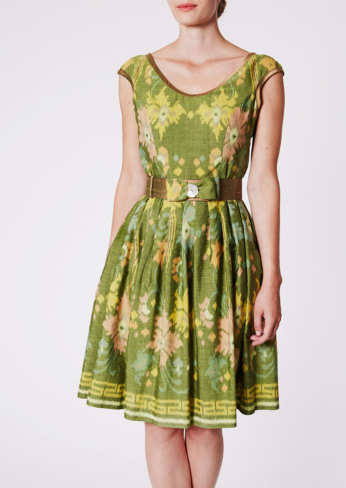 City dress with semi-circle skirt in Ikat-cotton, Bali green - Front view