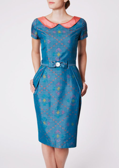 City dress with round collar in Ikat-silk, petrol blue - Front view