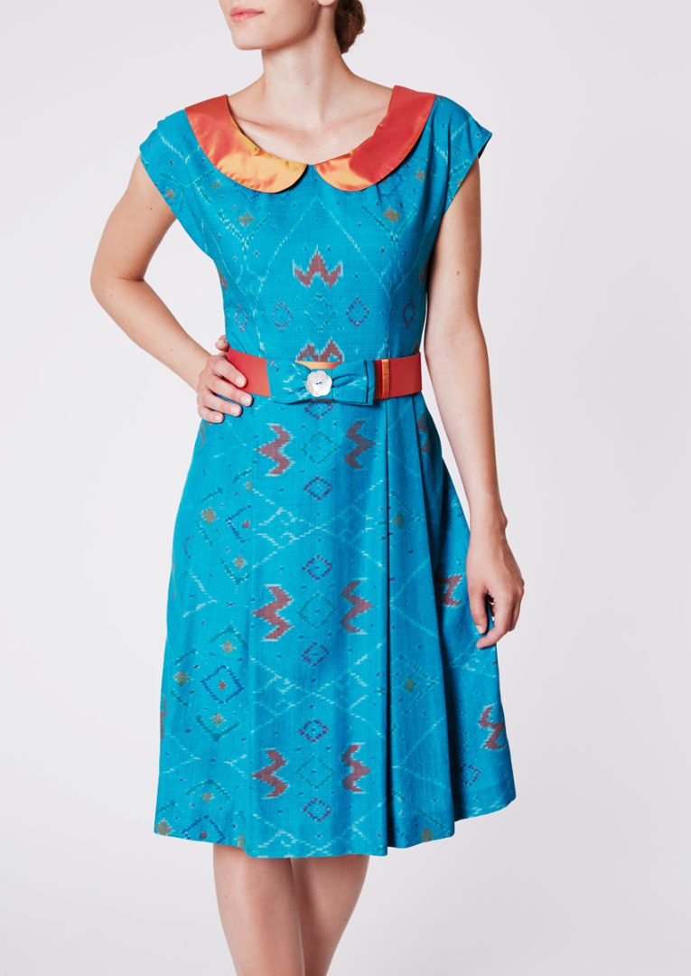 City dress with round collar in Ikat-silk, manganese blue - Front view