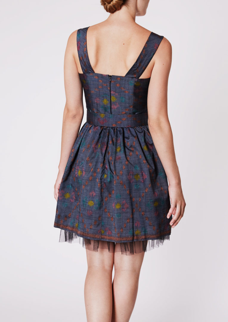 Sleeveless cocktail dress with structural full skirt in Ikat-silk, onyx grey - Back view