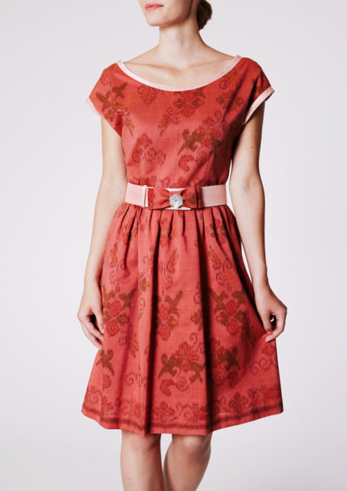 City dress with round neckline in Ikat-cotton, tea rose - Front view
