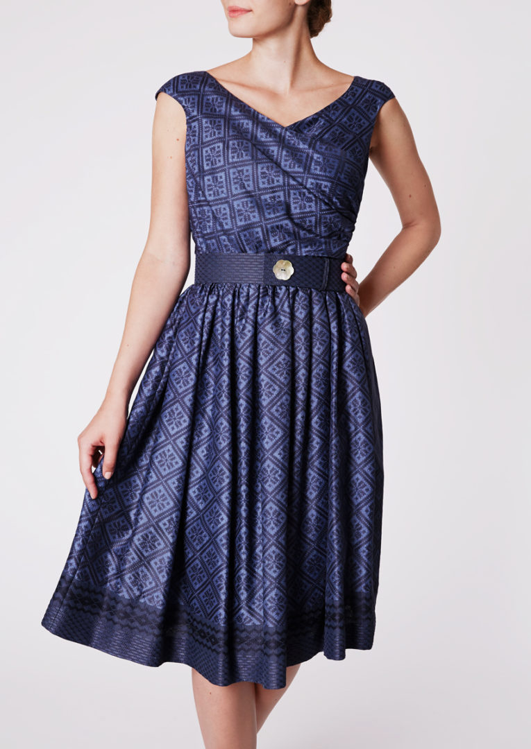 Cocktail dress with wide skirt and sculpted bodice in Ikat-silk, dark sapphire blue - Front view