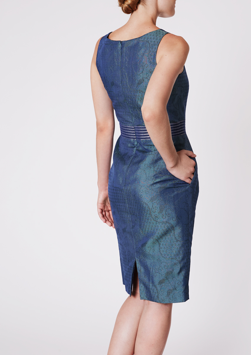 Cocktail dress with tube skirt in Ikat-silk, water and pastel blue - Back view