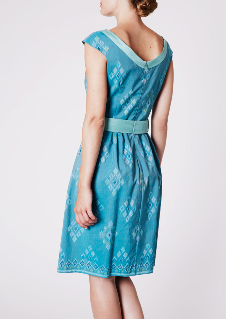City dress with curved cap sleeves in Ikat-cotton, cobalt turquoise - Back view