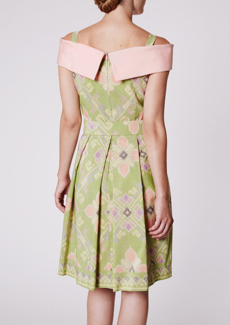 City dress with wide pale pink shawl collar in Ikat-cotton, lime green - Back view